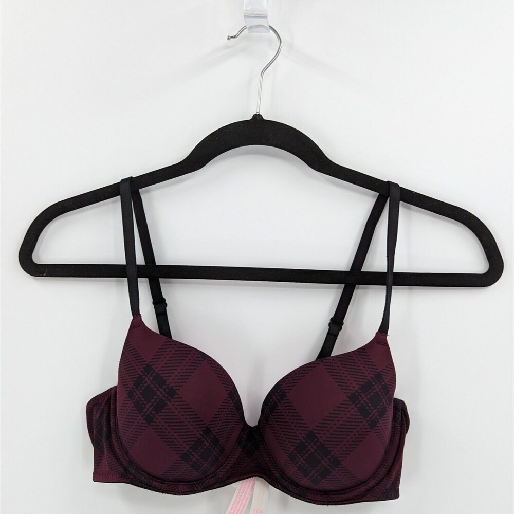 Victoria's Secret PINK Bra Women's 34B Plum Purple Plaid Checks Lightly Lined